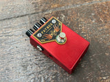 red metal guitar pedal, Fatbee black logo, single button, three back knob controls back of pedal