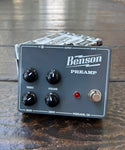 Benson Preamp Pedal grey guitar pedal with four black control knobs, and single button footswitch