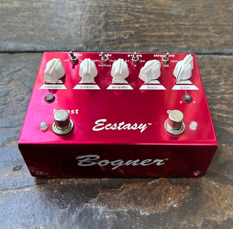 Red Bogner Ecstasy guitar effects pedal, four control knobs, two button footswitch