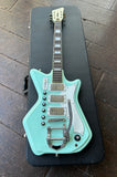 Top view Airline surf green, white pick guard, guitar with three chrome pick ups, with six knobs, tremolo , rosewood fretboard with block inlays