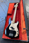 Fender bass in case , black finish, copper anodized pick guard, Pbass pick ups, two knobs, maple neck, fender headstock with tuners