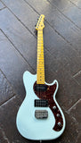 G&L Fallout Tribute Series Sonic Blue electric guitar with tortoise pick guard, black pick-ups , maple neck and headstock