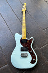 G&L Fallout Tribute Series Sonic Blue electric guitar with tortoise pick guard, black pick-ups , maple neck and headstock