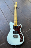 G&L Fallout Tribute Series Sonic Blue electric guitar with tortoise pick guard, black pick-ups , maple neck and headstock