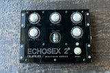 GURUS Echosex 2 black guitar effects pedal in black metal enclosure, five silver knobs and single button footswitch