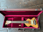 Full shot of Chiquita Travel Guitar inside included rectangle case