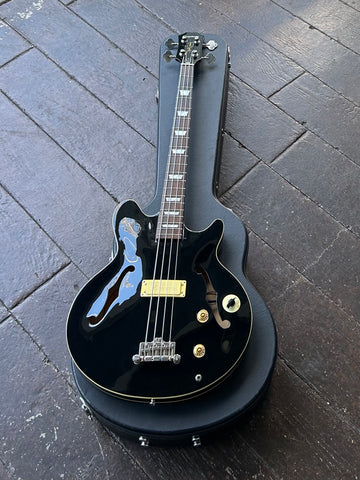 2012 Epiphone Jack Casady Signature Bass in black finish, single tan pick up , rosewood fret board with pearl inlays and black headstock