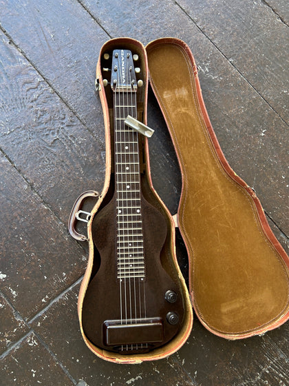 Rickenbacker ACE Lapsteel brown instrument with brown fretboard and headstock in tan case 