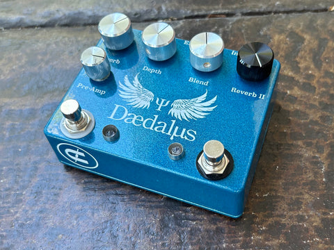 Blue sparkle Daedalus reverb pedal, five knob controls, two button pedal 
