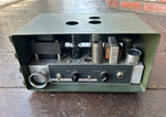 Custom Filmosound Amp, in green metal case with metal housing, three guitar tubes, black control panel two knobs and projector lens
