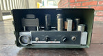 Custom Filmosound Amp, in green metal case with metal housing, three guitar tubes, black control panel two knobs and projector lens
