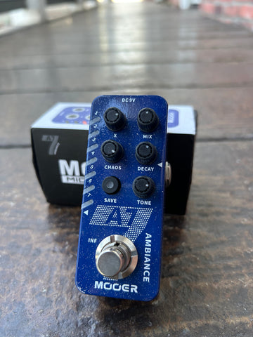 Mooer A7 Ambience Reverb propped against included box