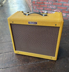 Fender Blues Junior Tweed amplifier with brown grill cloth, brown handle 