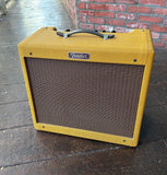 Fender Blues Junior Tweed amplifier with brown grill cloth, brown handle 