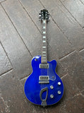 Blue DeArmond electric solid body guitar with chrome hardware and rosewood fretboard, black headstock