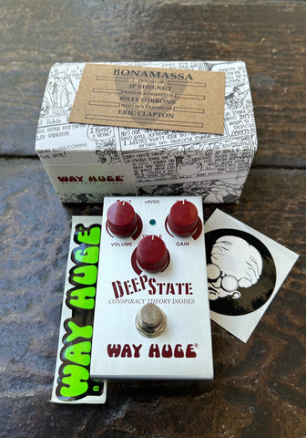 Way Huge Smalls Deep State Conspiracy Theory metal guitar effects pedal, with three control knobs, and single button footswitch