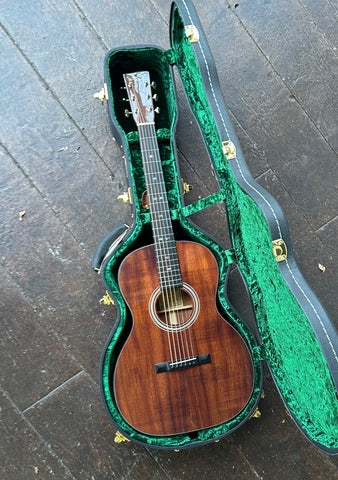 Top View Koa Guitar with rosewood fretboard diamond abalone inlays with koa headstock, silver tuners