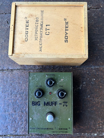 Electro-Harmonix Big Muff Pi V7 vintage guitar effects pedal, dark green, with three knob controls and single button footswitch 