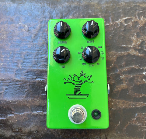 JHS Bonsai green guitar effects pedal with four control knobs , single button footswitch