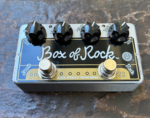 Zvex Box of Rock guitar effects pedal in silver and black with four control knobs