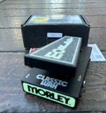 Morley Classic Wah pedal with packaging on a wooden surface