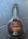 A vintage Regal wooden mandolin with a dark brown sunburst finish, resting on top of its worn black hard case on dark weathered wooden planks.