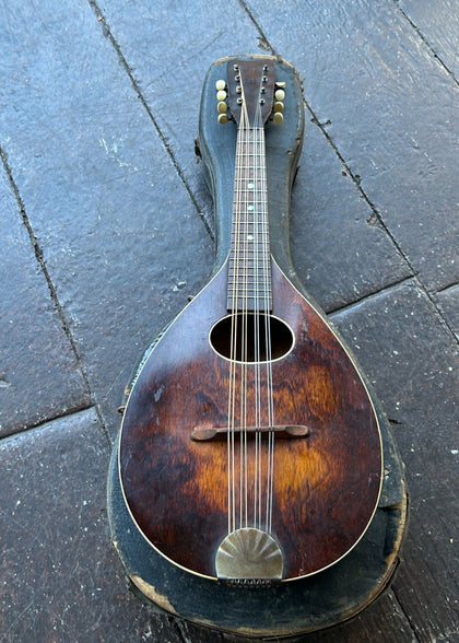 A vintage Regal wooden mandolin with a dark brown sunburst finish, resting on top of its worn black hard case on dark weathered wooden planks.