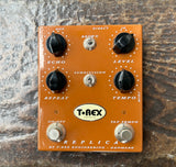 T-Rex Replica Delay Pedal in light brown with four knob controls